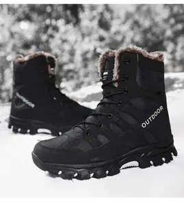 Detail of waterproof black tactical boots with warm faux fur lining for winter hiking
