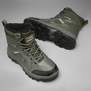 Detailed close-up of army green hiking boot showing thick black faux fur lining and texture