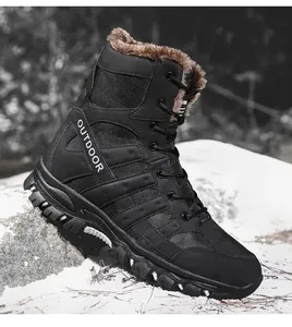 Detail of high-top tactical boots featuring thick brown fur lining for winter warmth