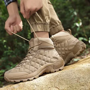Men's high-top outdoor tactical boots in sand khaki with non-slip rubber soles