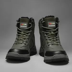 Detail of high-top winter hiking boots featuring fleece lining and non-slip thick sole