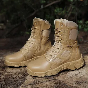 Men High Top Tactical Boots Waterproof PU Leather Breathable Combat Boots With Side Zipper Non-slip Outdoor Hiking Work Shoes