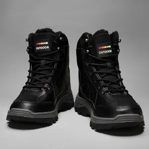 Women's warm non-slip high-top outdoor boots with black faux leather and thick fur lining
