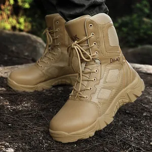 Waterproof khaki high-top tactical military boots for men in rugged outdoor terrain