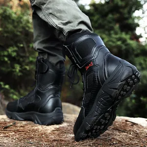 Waterproof black high-cut tactical combat boots for men with non-slip sole in forest environment