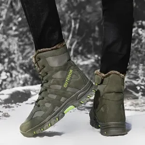 Army green high-top tactical boots for men with warm fur lining in outdoor snow scene