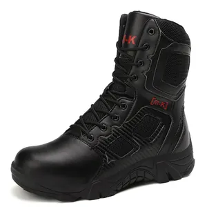 Waterproof black high-top tactical boots with breathable leather and mesh for outdoor hiking