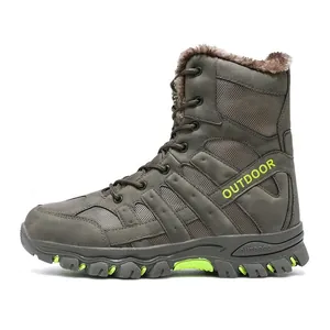 Men's high-top outdoor tactical boots in olive green with warm lining and anti-slip sole
