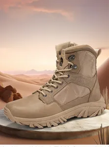 Detail of khaki tactical boots with side zipper, metal buckles and thick rubber grip sole