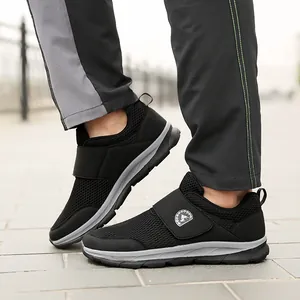 Men's breathable mesh walking shoes with adjustable hook-and-loop strap in black and grey
