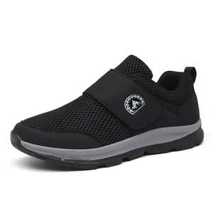 Men's breathable black mesh walking shoes with adjustable hook-and-loop strap