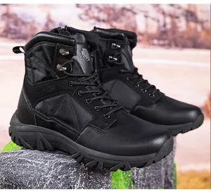 Detailed side view of black tactical boots with side zipper and rugged anti-slip rubber sole