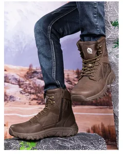 Brown outdoor tactical boots featuring side zipper and durable anti-slip rubber soles
