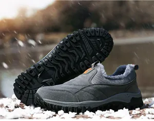Detail showing plush fur lining and slip-on design of men's warm winter snow boots