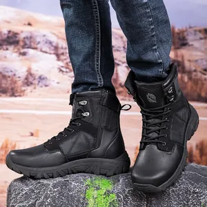 Men's High Top Tactical Boots Outdoor Hiking Combat Boots Non-Slip Warm Faux Leather Splicing Side Zipper Winter Work Boots
