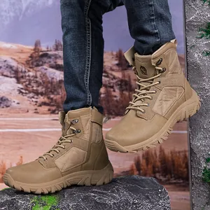 Khaki leather tactical combat boots with side zipper and rugged non-slip rubber sole