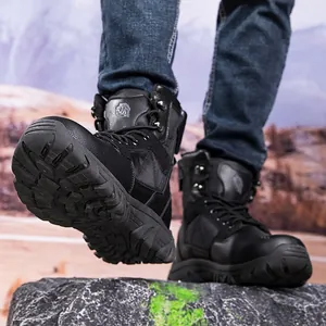 Men's black leather high-top tactical combat boots with thick rubber soles for hiking