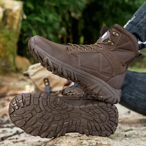 Men's dark brown leather outdoor tactical combat boots with high-top non-slip rubber soles