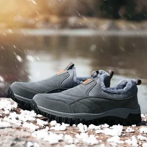 Men's dark gray winter snow boots with warm faux fur lining and thick non-slip rubber soles