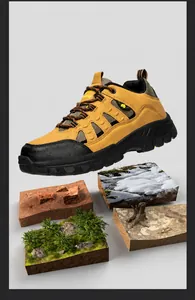 Rugged hiking boots shown above snowy, desert, forest, and rocky miniature terrains