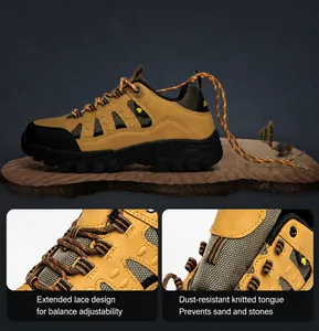 Detail view of khaki leather hiking boots featuring long shoelaces and dustproof tongue
