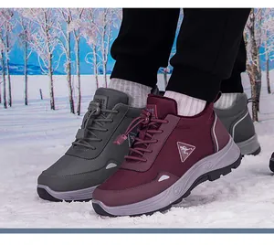 Detail of durable winter hiking shoes with waterproof fabric and non-slip thick soles