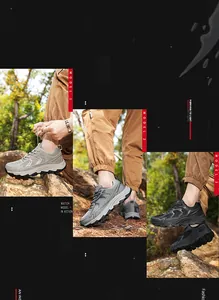Detail von Outdoor-Wanderschuhen in Grau und Schwarz mit atmungsaktivem Mesh und griffiger Sohle