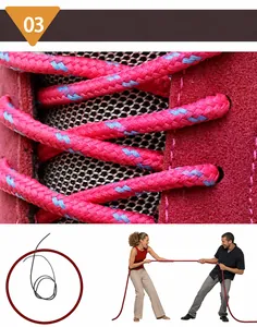Detail von hochfesten Nano-Schnürsenkeln in Pink und Blau mit Zugfestigkeitstest