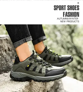 Detailed side view of waterproof hiking shoes with olive green mesh and rugged soles