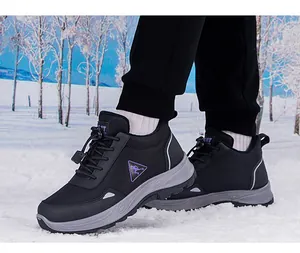 Detail of waterproof non-slip winter walking shoes for elderly in snowy outdoor scene