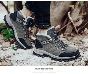 Close-up of winter hiking boots featuring warm plush lining and durable non-slip rubber soles