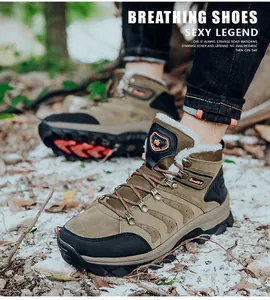 Macro shot of khaki winter hiking boots with thick fleece lining and durable rubber outsole