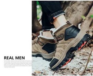 Close-up of winter hiking boots featuring warm fleece lining and rugged non-slip soles