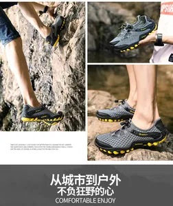 Detailed view of breathable mesh wading shoes with yellow anti-slip rubber outsoles