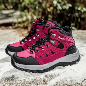 Rose red women winter hiking boots with warm fleece lining and non-slip rubber sole