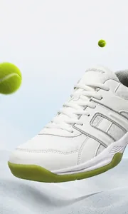Detail of lightweight court shoes featuring toe pressure relief and breathable mesh