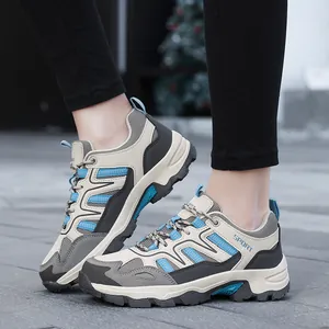 Outdoor sport shoes in beige and blue featuring breathable mesh and thick anti-slip soles