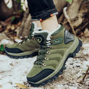 Men's winter snow boots in army green with warm faux fur lining and non-slip rubber soles