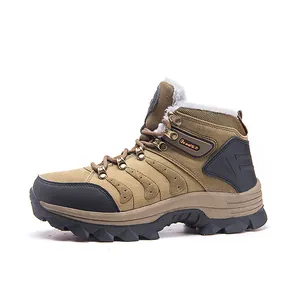 Men's tan winter hiking boots with warm faux fur lining and anti-slip rubber soles