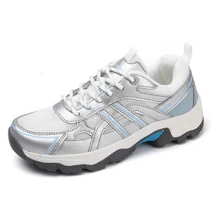 Outdoor hiking shoes for men and women in silver and blue with breathable mesh and thick soles