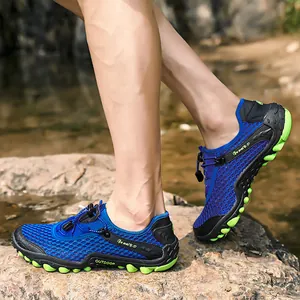 Men's breathable mesh water shoes in navy blue with non-slip green outdoor rubber soles