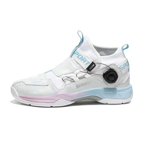 Chaussure de badminton respirante avec boucle rotative en blanc, bleu et rose