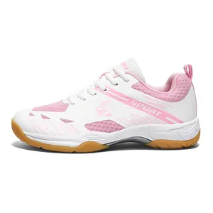Chaussures de badminton blanc et rose avec maille respirante et semelle antidérapante