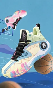 Detail of high-top basketball sneaker with camo sole and number 23 branding