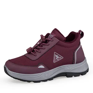 Deep burgundy winter thermal sneakers for elderly women with non-slip rubber soles