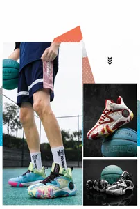 Close-up of high-top basketball sneakers featuring splatter-paint midsoles and anti-slip soles