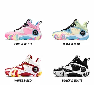 Detail view of high-top basketball shoes with leather upper and MD rubber sole in four colors