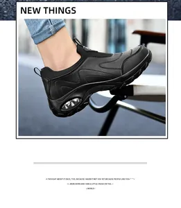 Close-up of black leather slip-on sneaker with visible air cushion sole for comfort