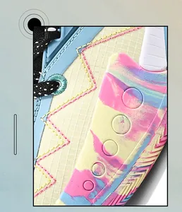 Detail of casual sneaker featuring blue frames, yellow mesh fabric, and wavy yellow stitching