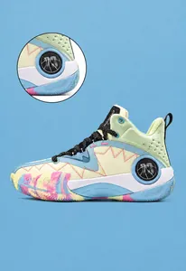 Close-up of thick-soled cushioning design and multi-color paneling on sneakers